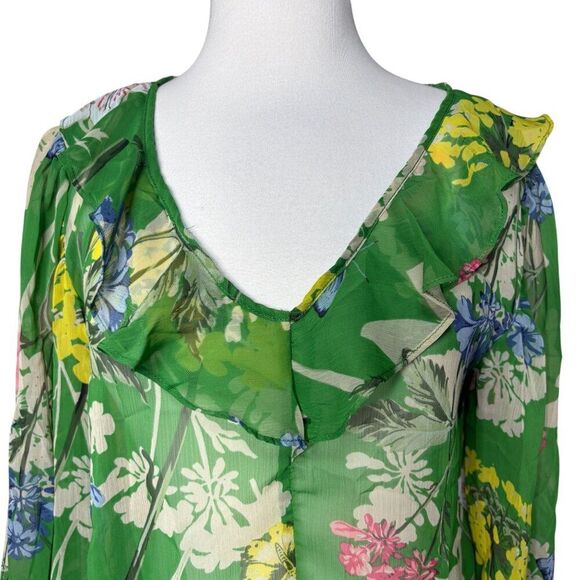 Gibson Latimer Green Floral Blouse Size Small NEW Sheer Ruffle Neckline - Picture 6 of 7